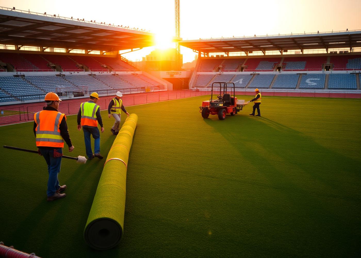 Installation crew rolling out synthetic turf on a stadium ground at sunrise